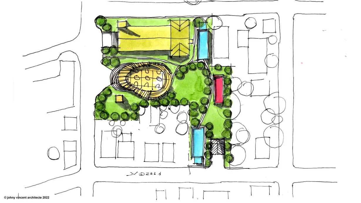 Campus de basket-ball, Saint-Jean-sur-Richelieu — croquis d’implantation à la main