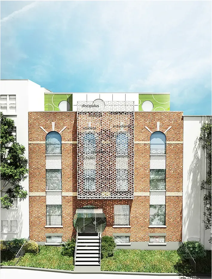 Immeuble de brique à façade ajourée, vue de jour