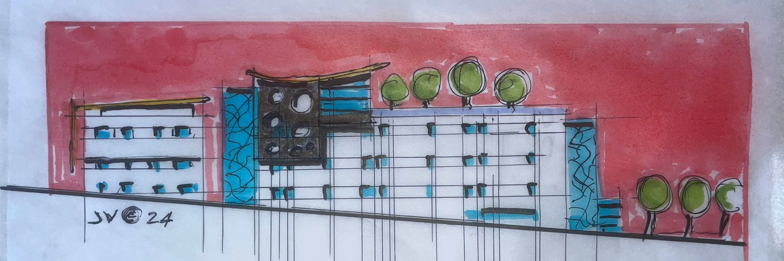 Ancien Hôtel Monty, Stanstead — élévation, aquarelle et encre, signée « JV 24 »