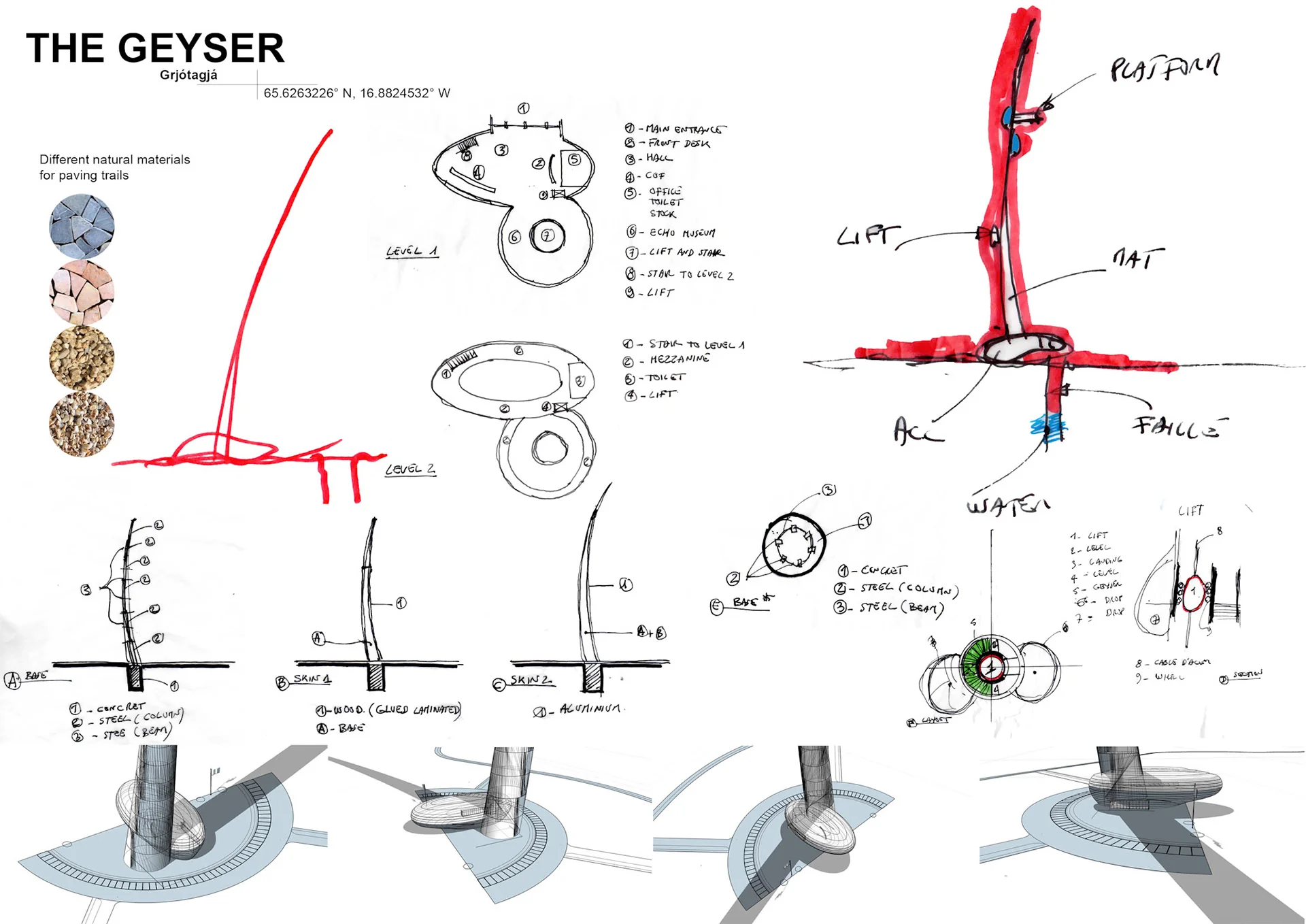 The Geyser, Grjótagjá — planche de croquis (concours Iceland Cave Tower)