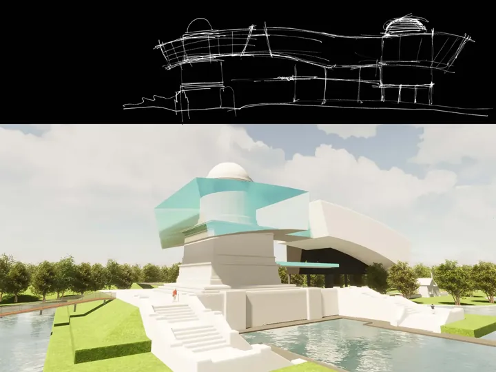 Concours du mausolée de Hamilton, 2020 — croquis et rendu d’un pavillon de verre au bord d’un bassin