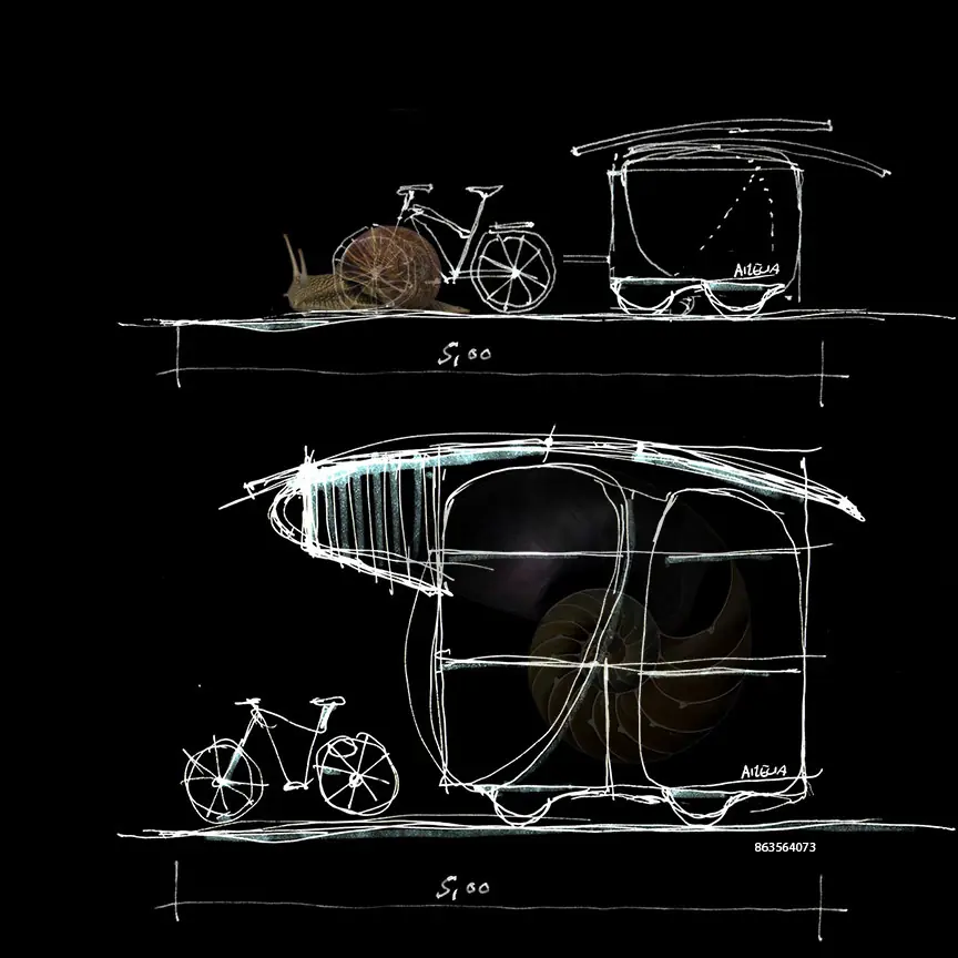 Croquis blanc sur fond noir d’une unité avec vélo