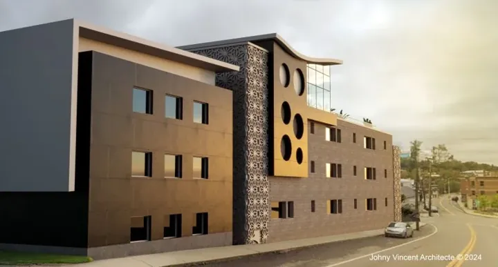 Rendu de la façade sombre aux ouvertures circulaires