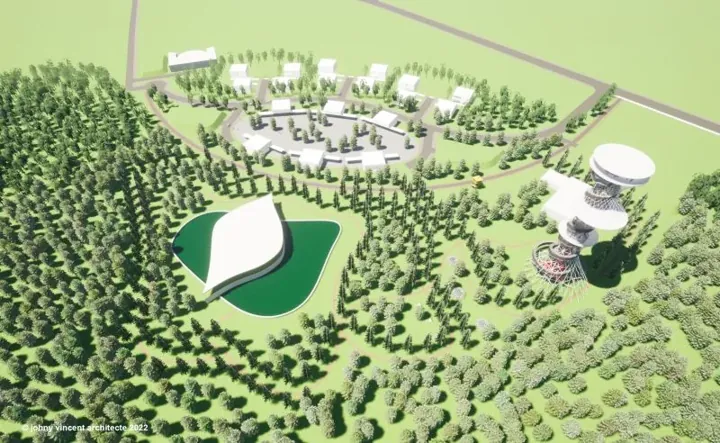 Écosystème intergénérationnel, Kazabazoua, 2022 — vue 3D aérienne, pavillon courbe et tour dans la forêt