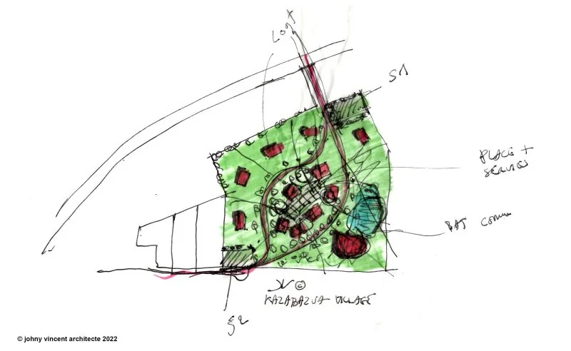 Écosystème intergénérationnel, Kazabazoua — croquis d’implantation à la main