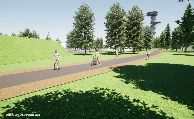 Sentier avec cyclistes, tour à l’arrière-plan
