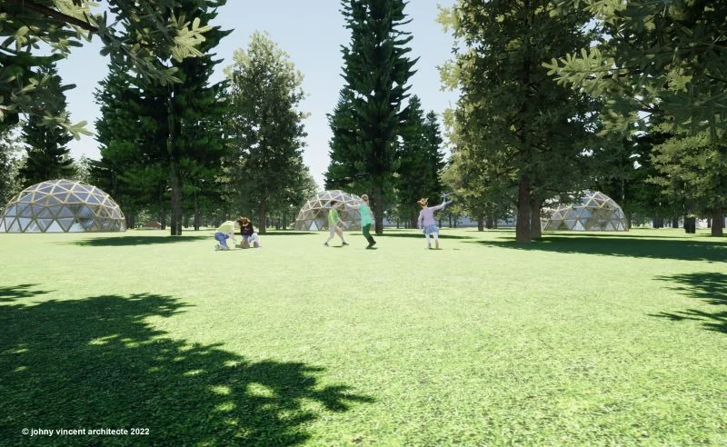 Pelouse et dômes parmi les arbres