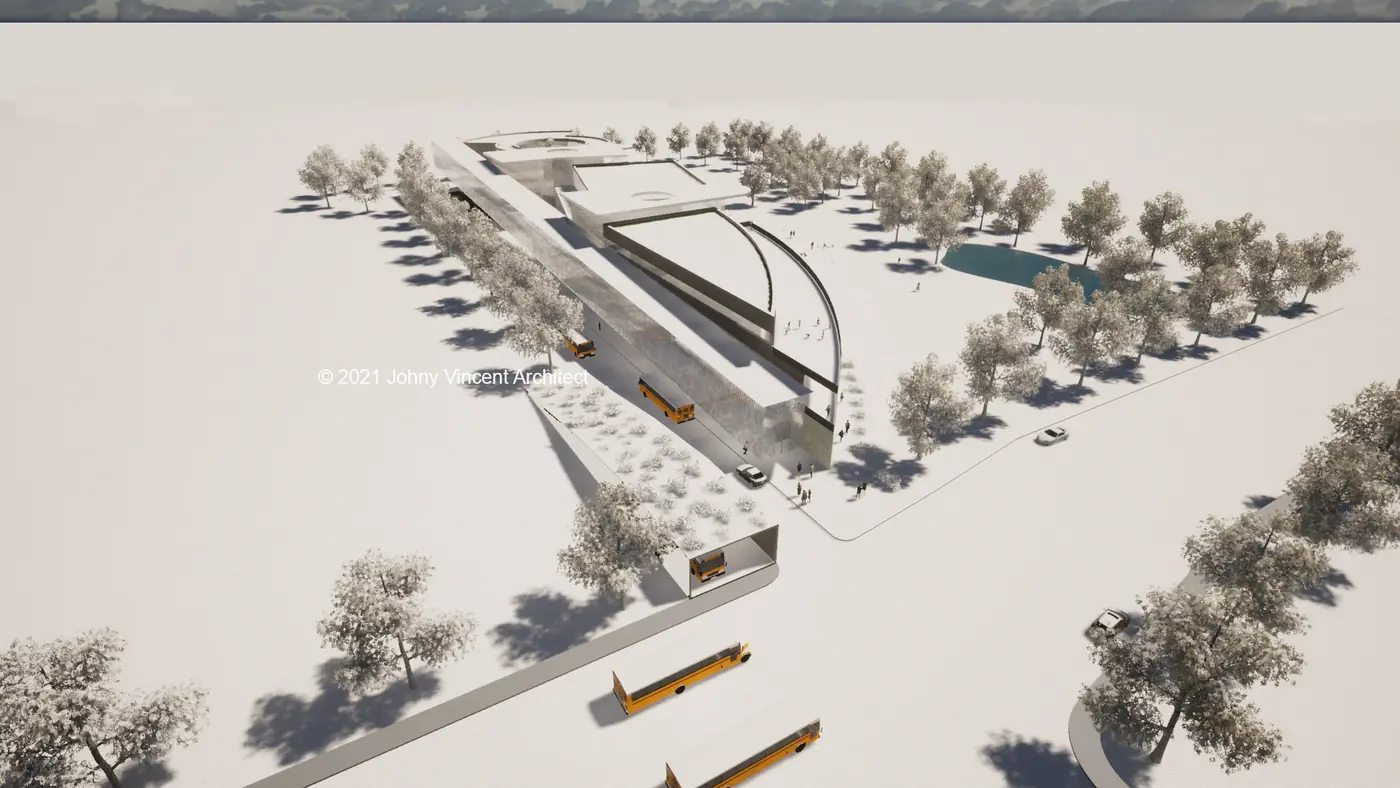 Vue aérienne du site enneigé