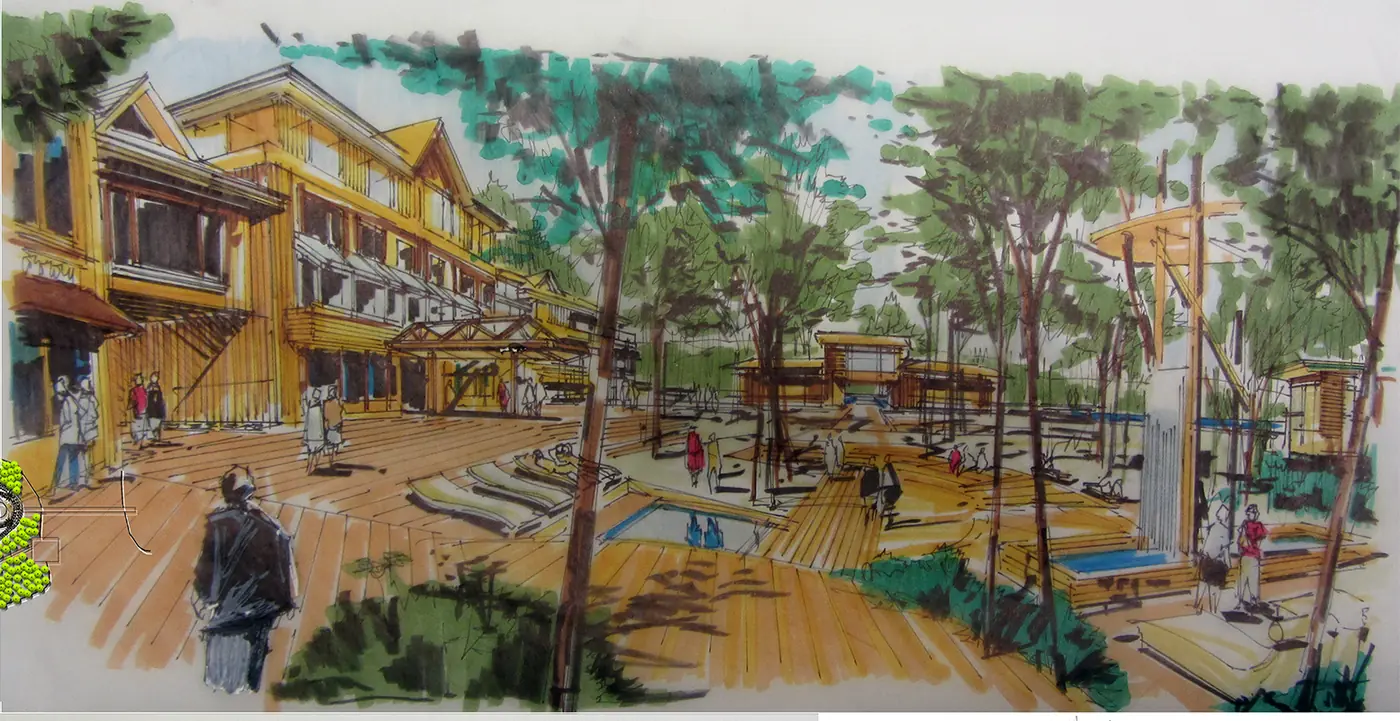 Entrée de la péninsule de Lac Sainte-Marie — perspective dessinée à la main, en couleurs
