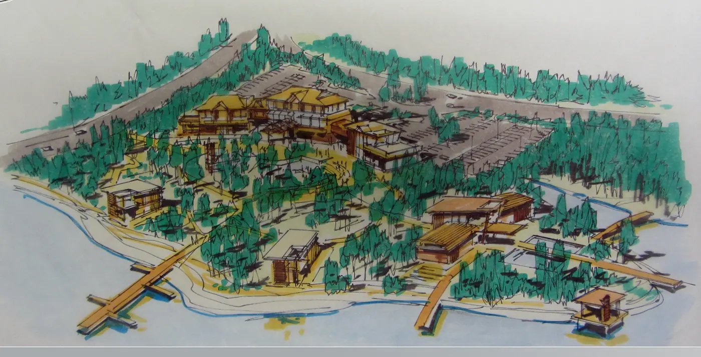 Entrée de la péninsule de Lac Sainte-Marie — vue aérienne dessinée à la main, en couleurs