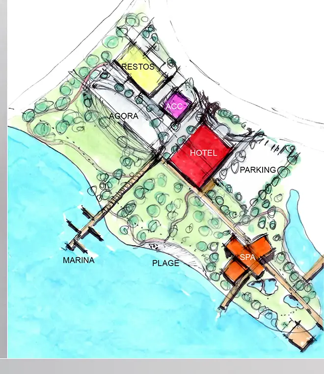 Entrée de la péninsule de Lac Sainte-Marie — plan d’implantation dessiné à la main, en couleurs