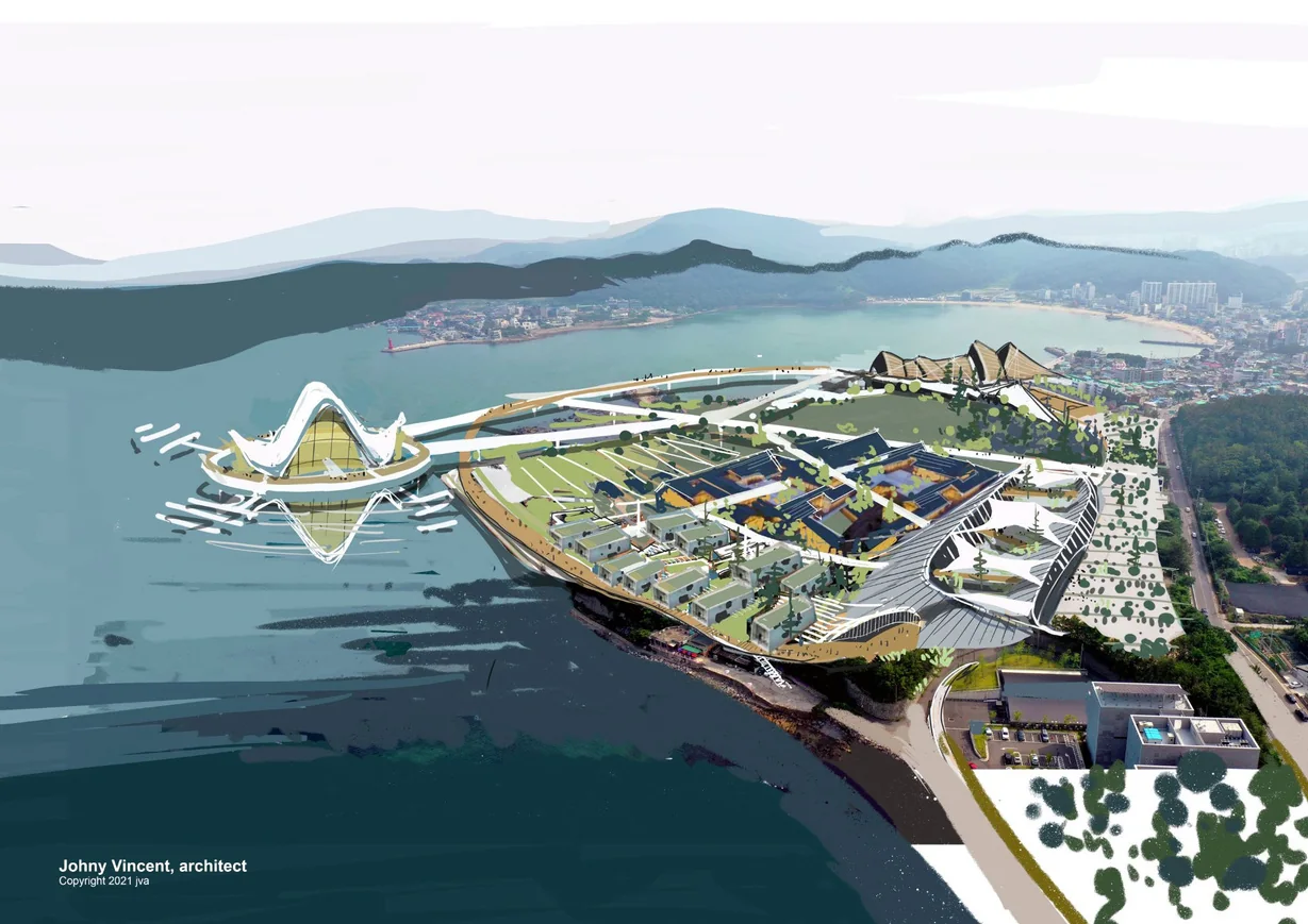 Vue aérienne du plan de développement vers la baie