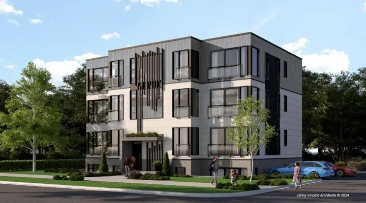 Rendu de l’immeuble de quatre étages, façade principale