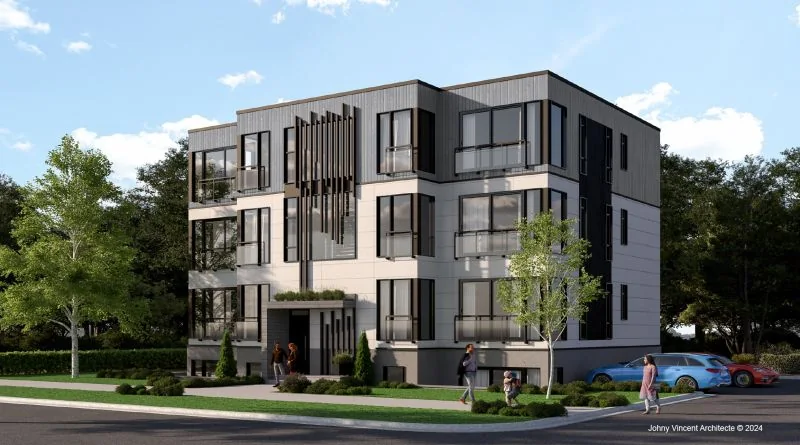 Rendu de l’immeuble de quatre étages, façade principale