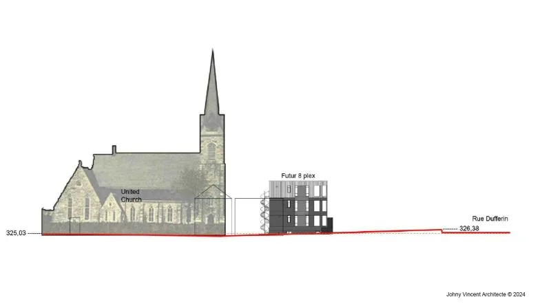 Élévation du bâtiment à côté de l’église voisine