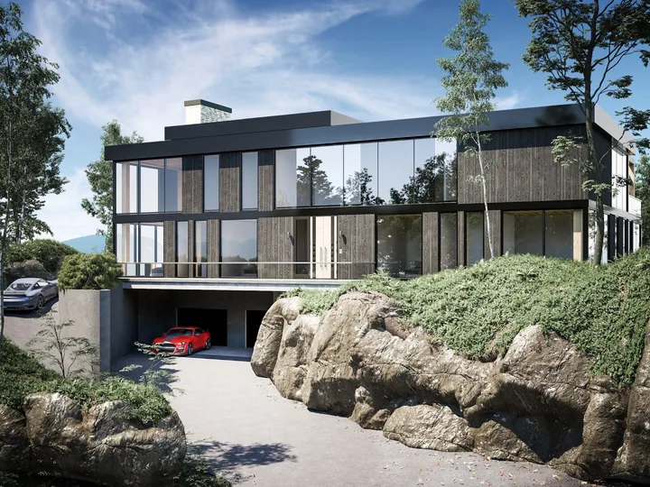Puravida 1 — auberge, 2023 — rendu de la façade vitrée sur socle de béton