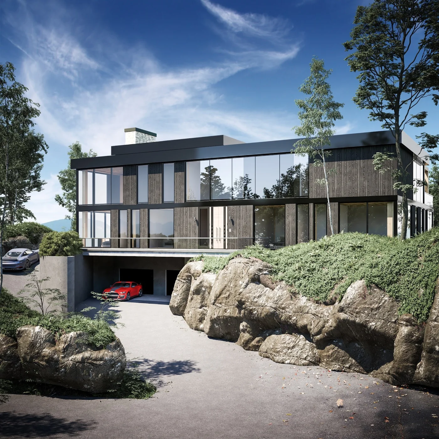 Rendu de la façade : volumes vitrés et bois carbonisé sur socle de béton, garage sous la terrasse