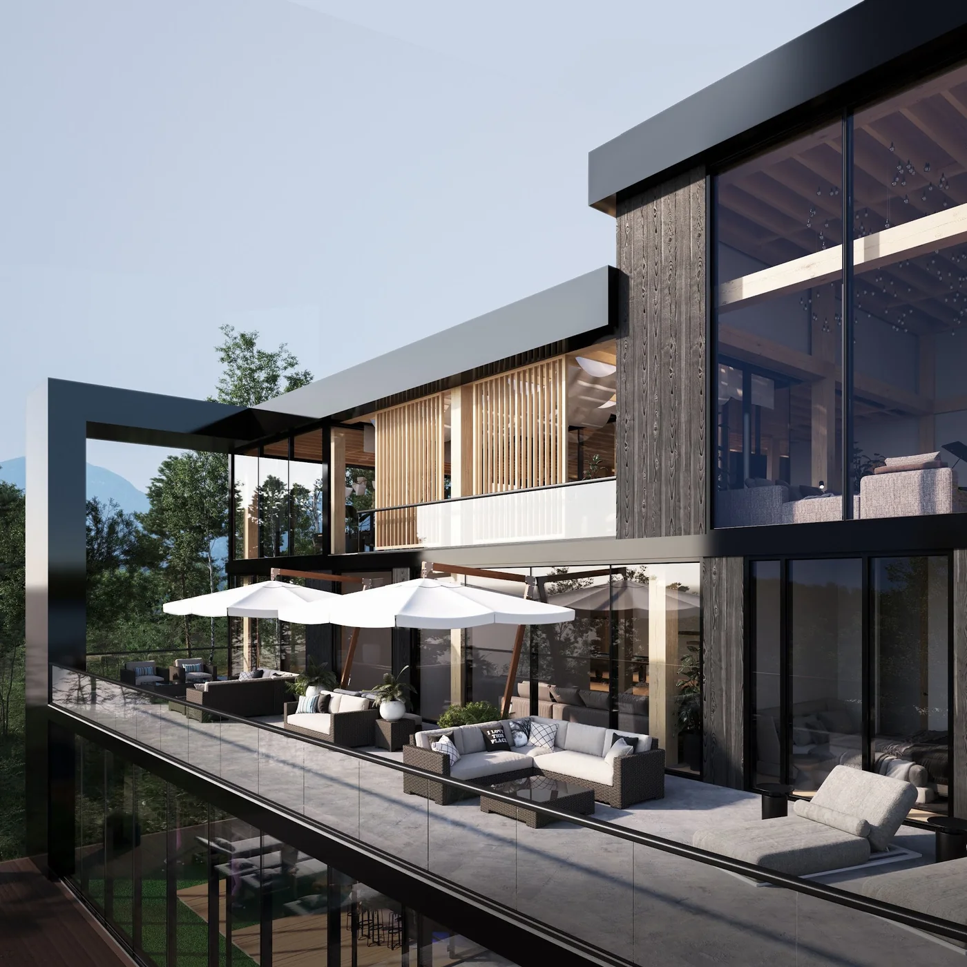 Rendu extérieur : terrasse en porte-à-faux et brise-soleil de bois