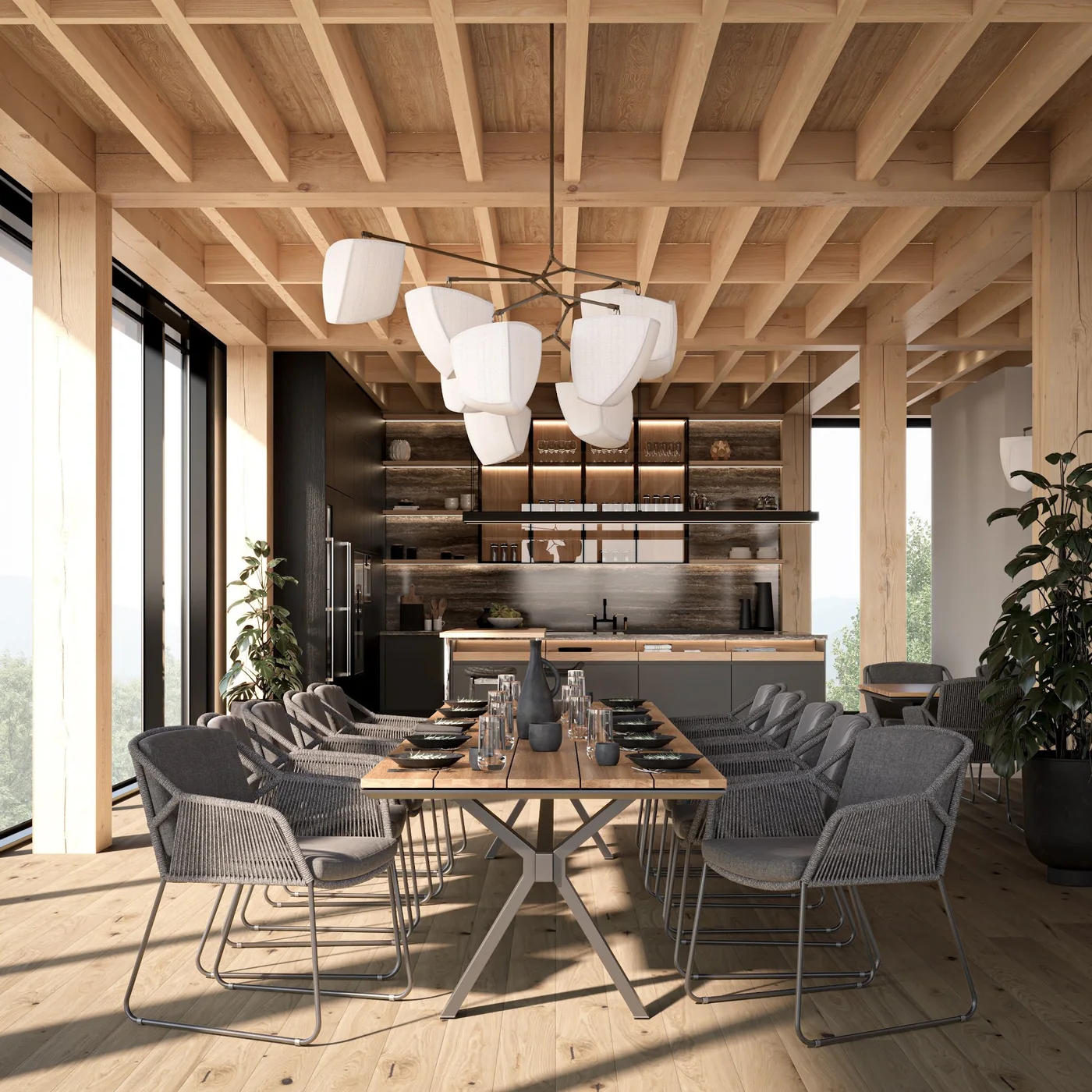 Salle à manger sous la charpente de bois apparente