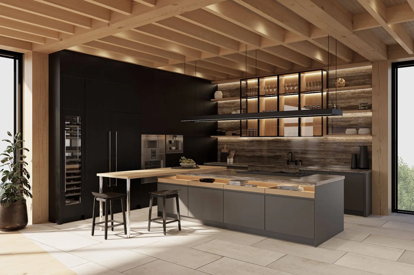 Cuisine et îlot sous plafond à caissons de bois