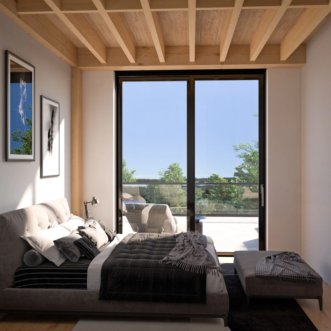 Chambre avec porte-fenêtre sur le balcon