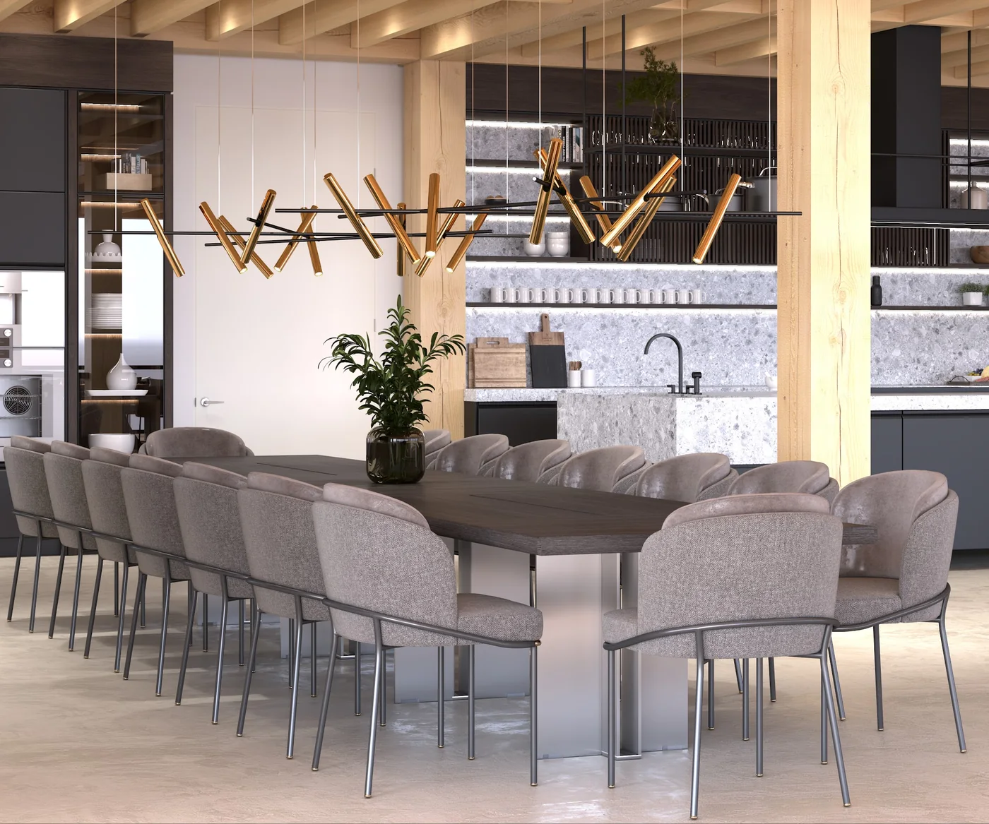 Rendu de la salle à manger et de la cuisine, option enduit Mortex