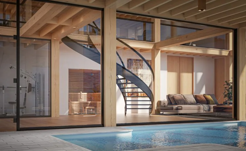 Piscine intérieure et escalier en spirale