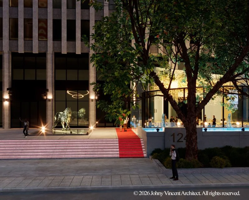 Marches au tapis rouge et fontaine devant l’entrée