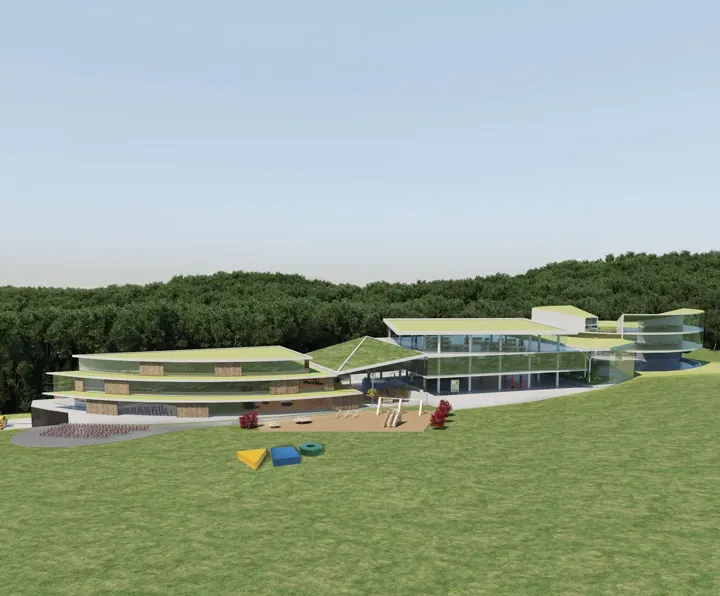 Volumes bas de l’école sur un terrain gazonné