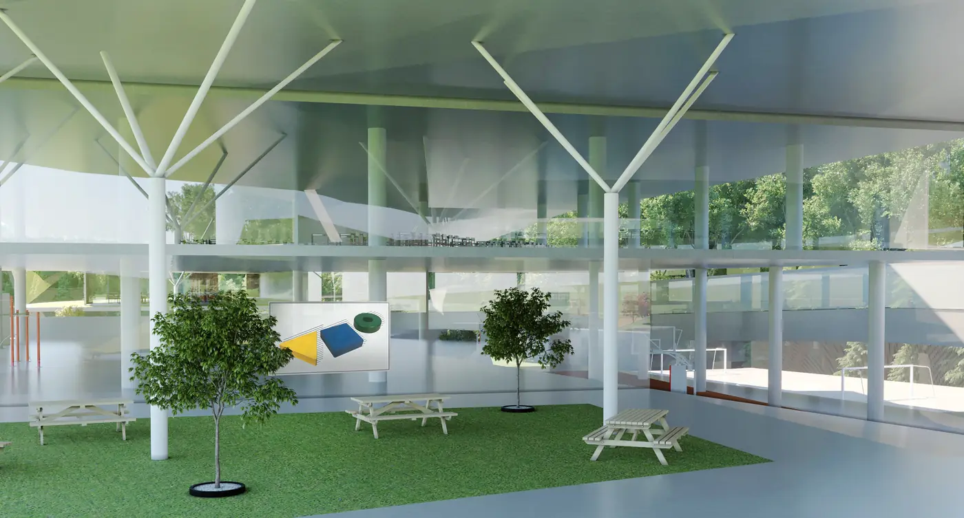 Espace intérieur lumineux avec végétaux et structure légère