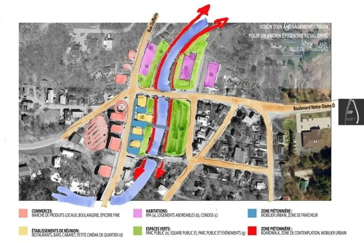 Rock Island — vision d’aménagement urbain, 2024 — plan d’aménagement annoté avec flèches et zones colorées