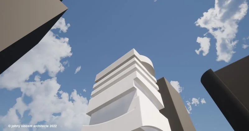 Immeuble blanc en gradins vu de la rue