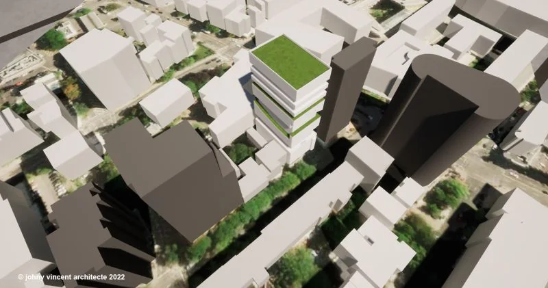 Vue aérienne, toit vert parmi les tours