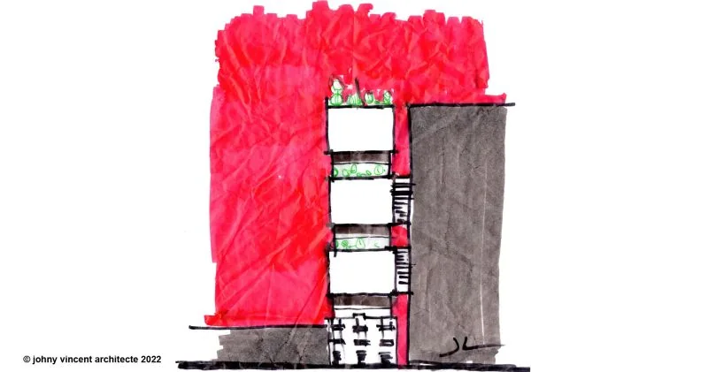 Mixité sociale, rue Sainte-Famille — croquis au feutre