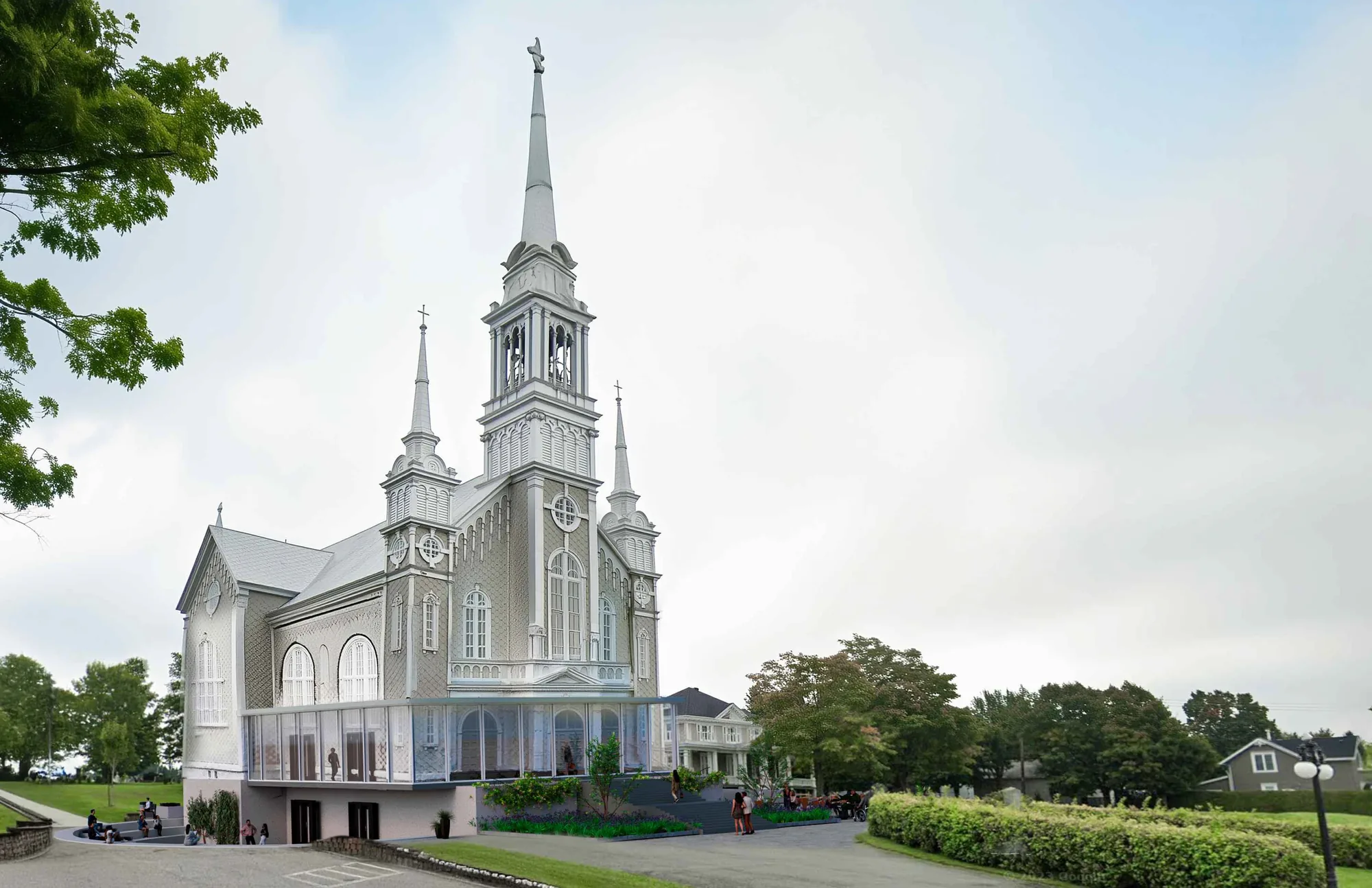 Rendu : l’église restaurée et son nouveau socle vitré sur le parvis