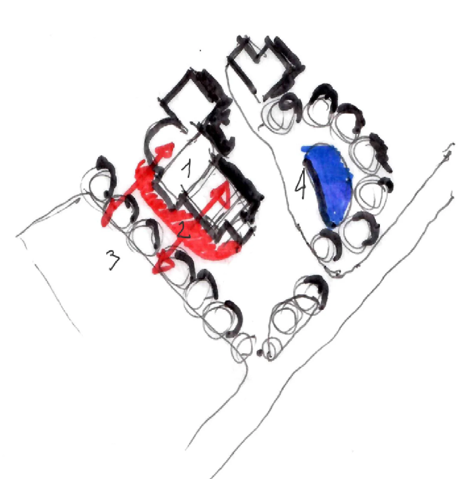 Croquis d’implantation : l’église, le parvis et le parc