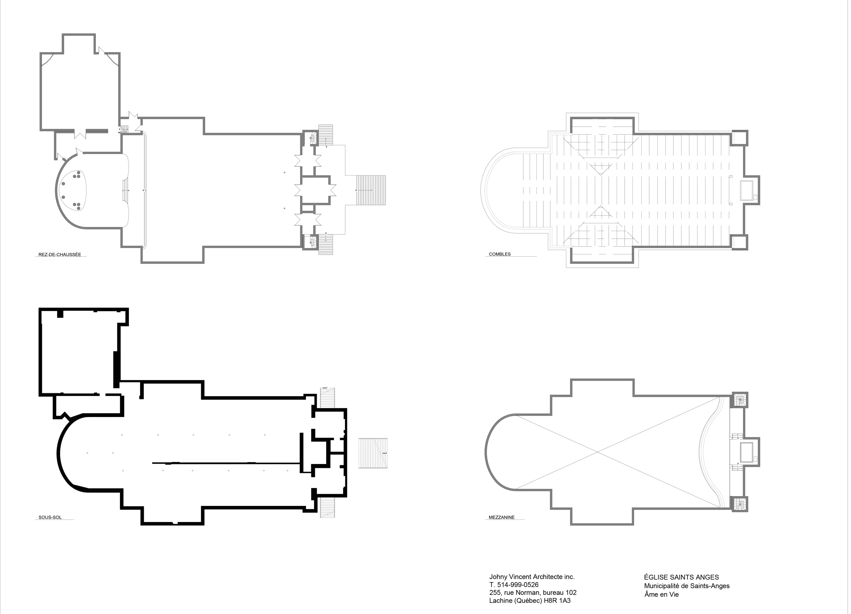 Plans de l’église existante : rez-de-chaussée, combles, sous-sol et mezzanine