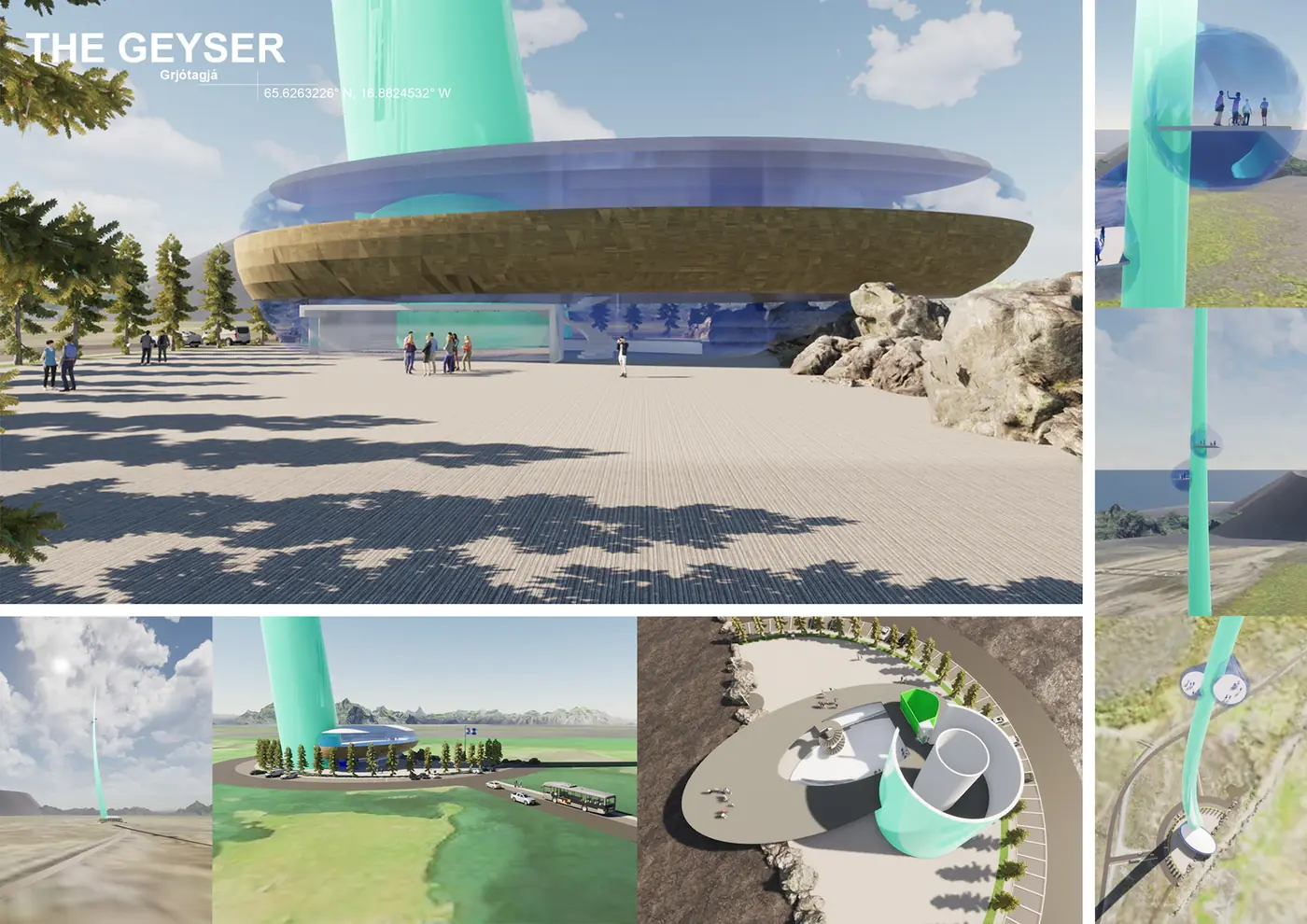 Collage de vues d’une tour et d’un pavillon circulaire