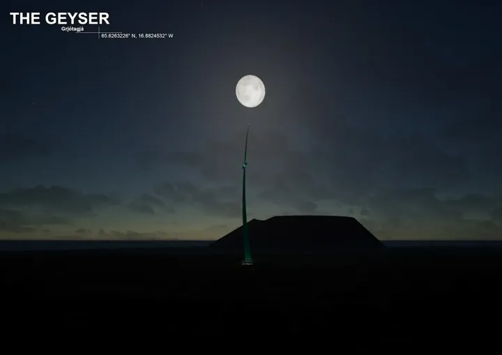 The Geyser — Iceland Cave Tower Competition, 2021 — tour éclairée de nuit au-dessus d’un relief