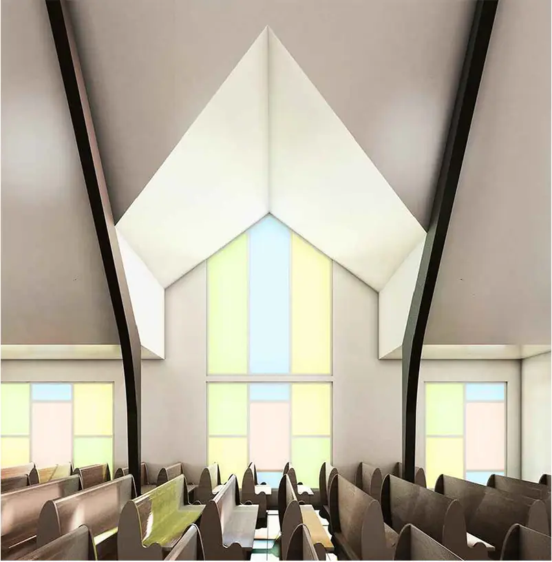 Intérieur avec grandes baies vitrées colorées